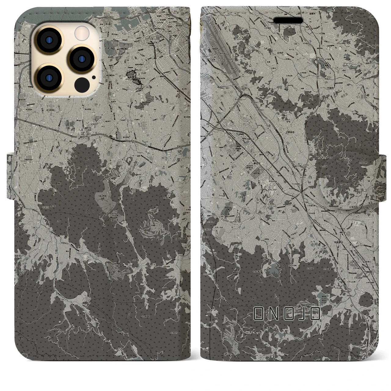 【大野城(福岡県)】地図柄iPhoneケース(手帳タイプ)モノトーン・iPhone 12 Pro Max 用