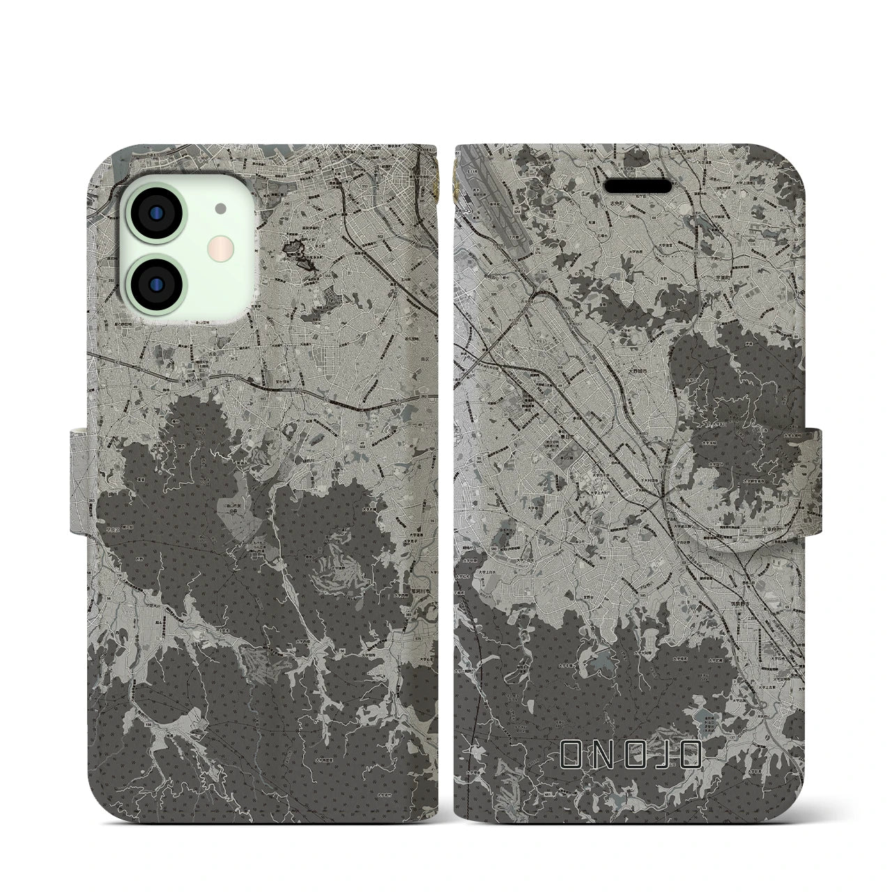 【大野城(福岡県)】地図柄iPhoneケース(手帳タイプ)モノトーン・iPhone 12 mini 用