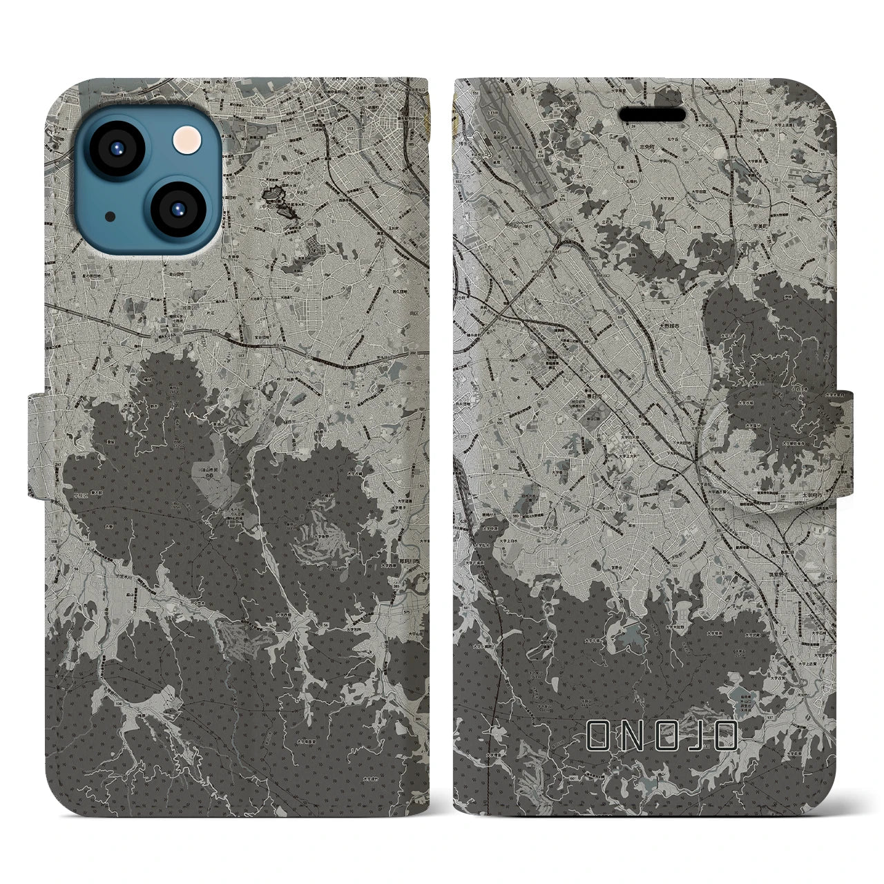 【大野城(福岡県)】地図柄iPhoneケース(手帳タイプ)モノトーン・iPhone 13 用