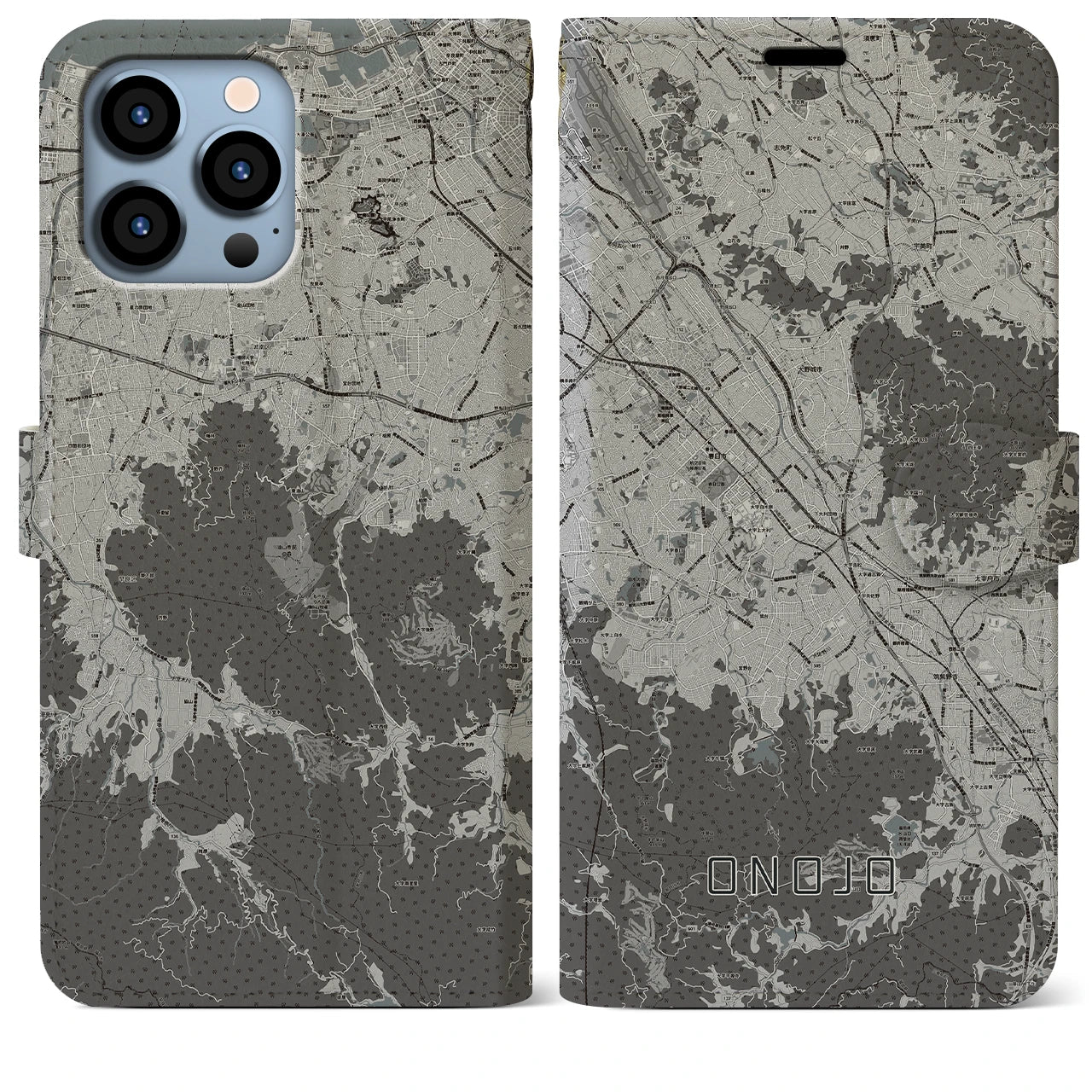 【大野城(福岡県)】地図柄iPhoneケース(手帳タイプ)モノトーン・iPhone 13 Pro Max 用