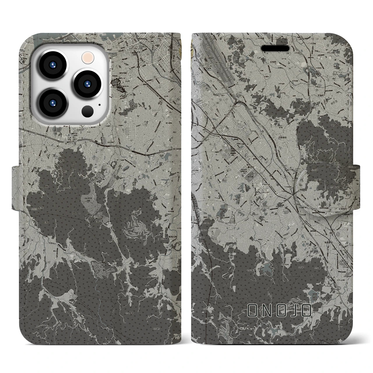 【大野城(福岡県)】地図柄iPhoneケース(手帳タイプ)モノトーン・iPhone 13 Pro 用
