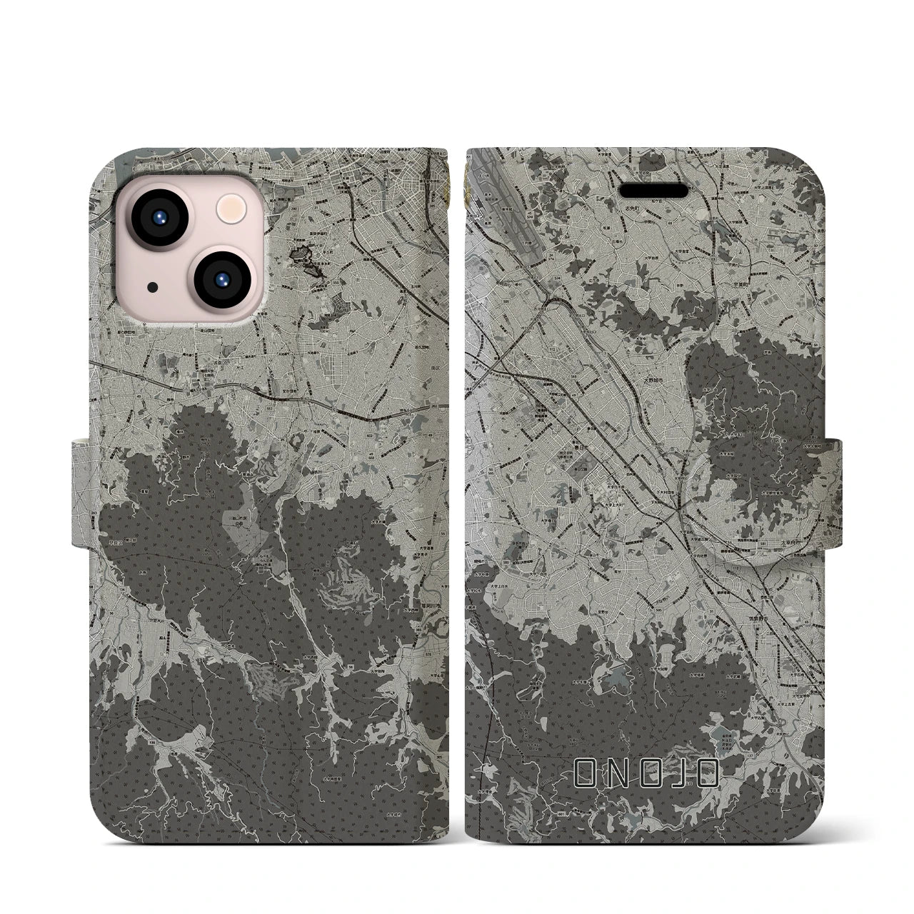 【大野城(福岡県)】地図柄iPhoneケース(手帳タイプ)モノトーン・iPhone 13 mini 用