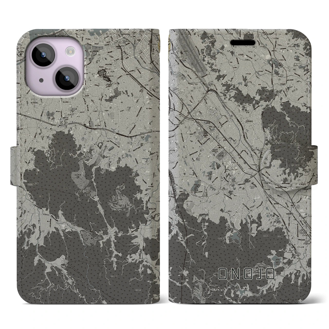 【大野城(福岡県)】地図柄iPhoneケース(手帳タイプ)モノトーン・iPhone 14 用