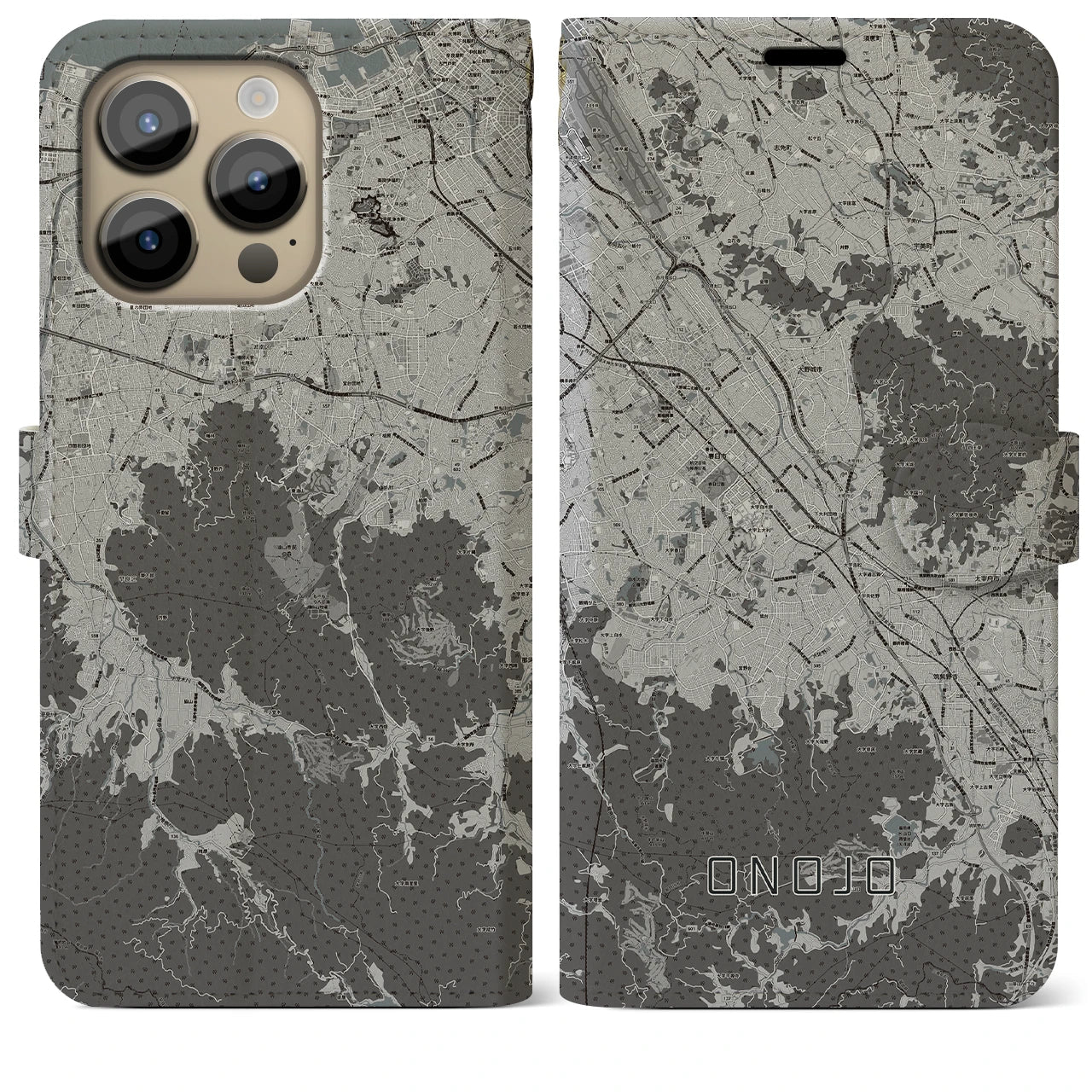 【大野城(福岡県)】地図柄iPhoneケース(手帳タイプ)モノトーン・iPhone 14 Pro Max 用