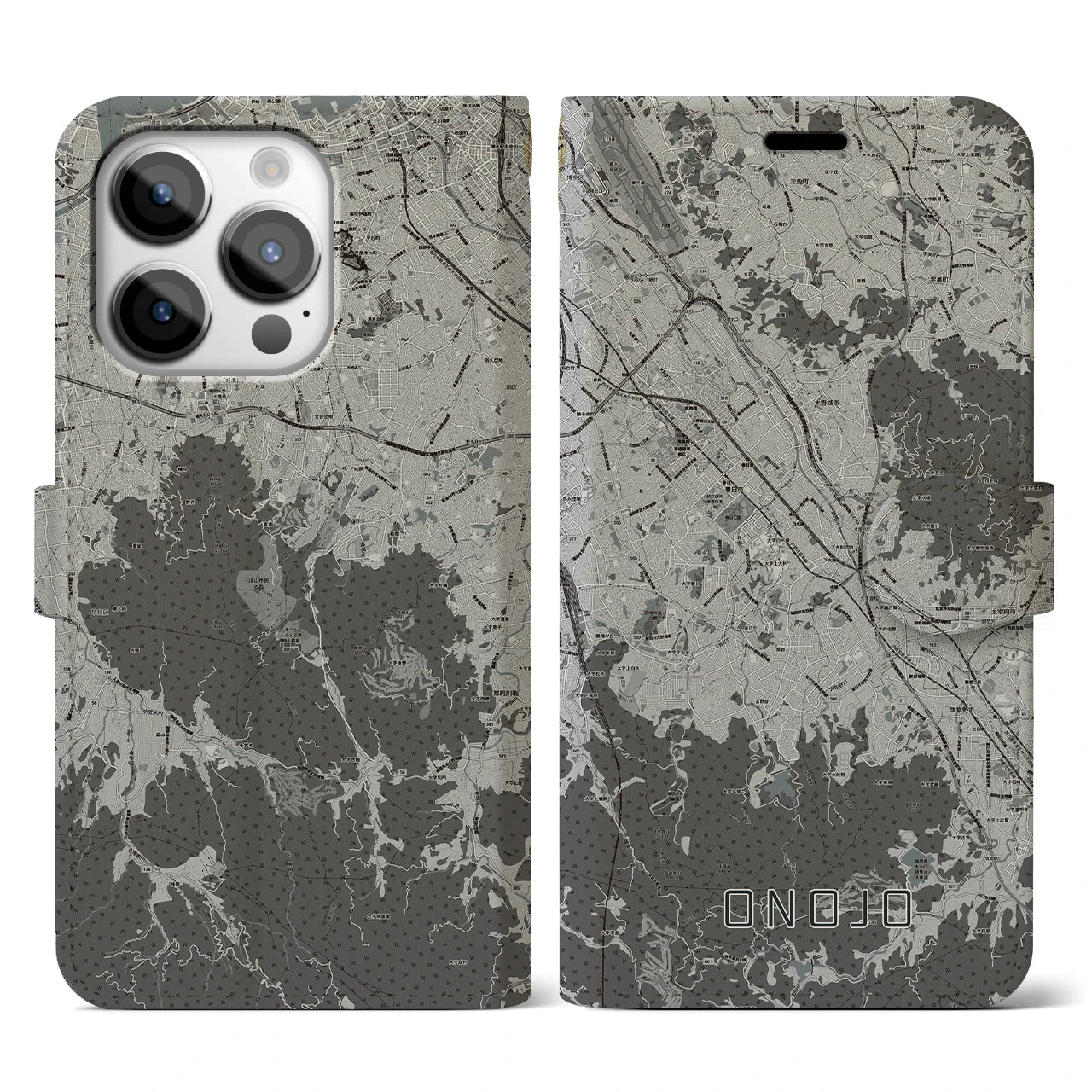 【大野城(福岡県)】地図柄iPhoneケース(手帳タイプ)モノトーン・iPhone 14 Pro 用