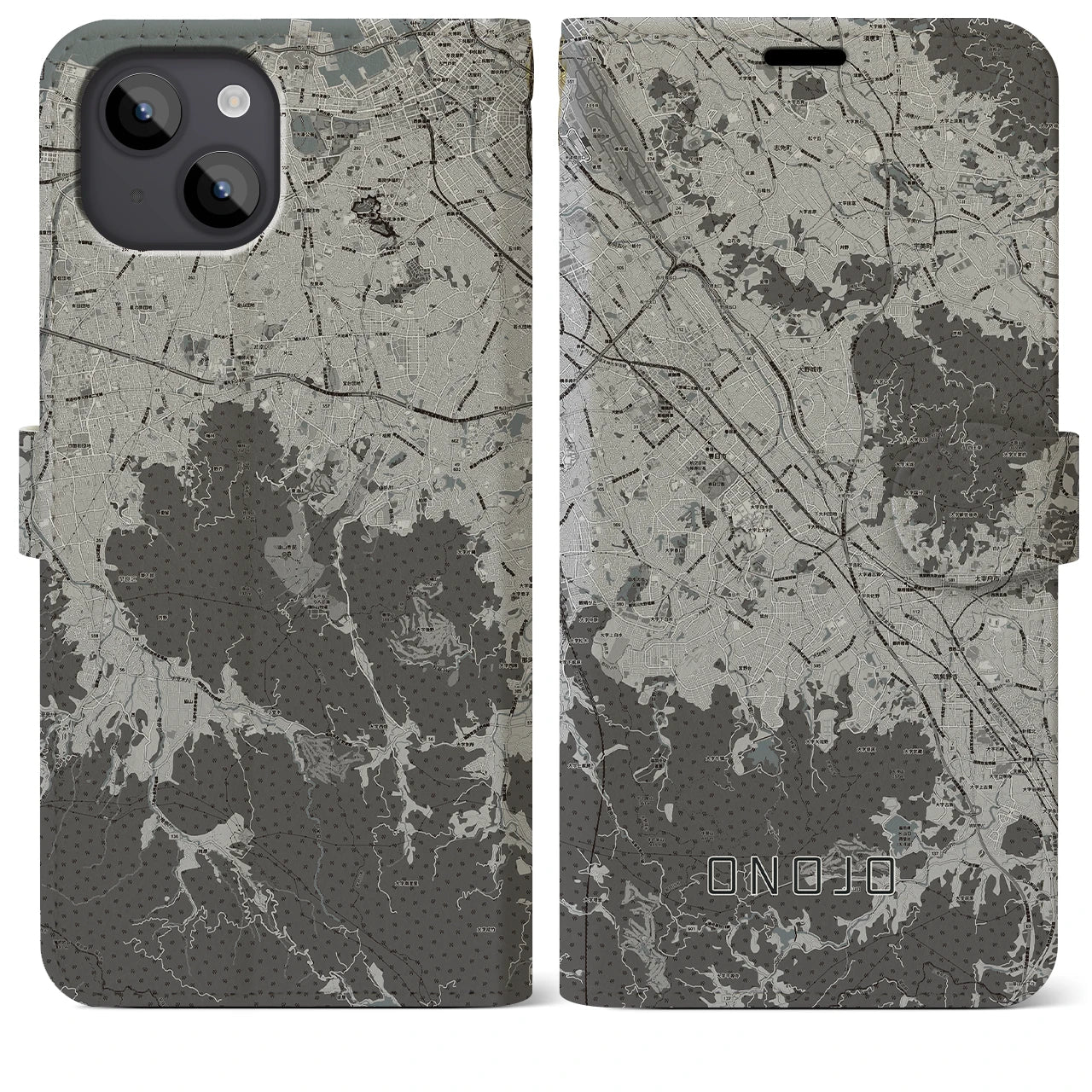 【大野城(福岡県)】地図柄iPhoneケース(手帳タイプ)モノトーン・iPhone 14 Plus 用