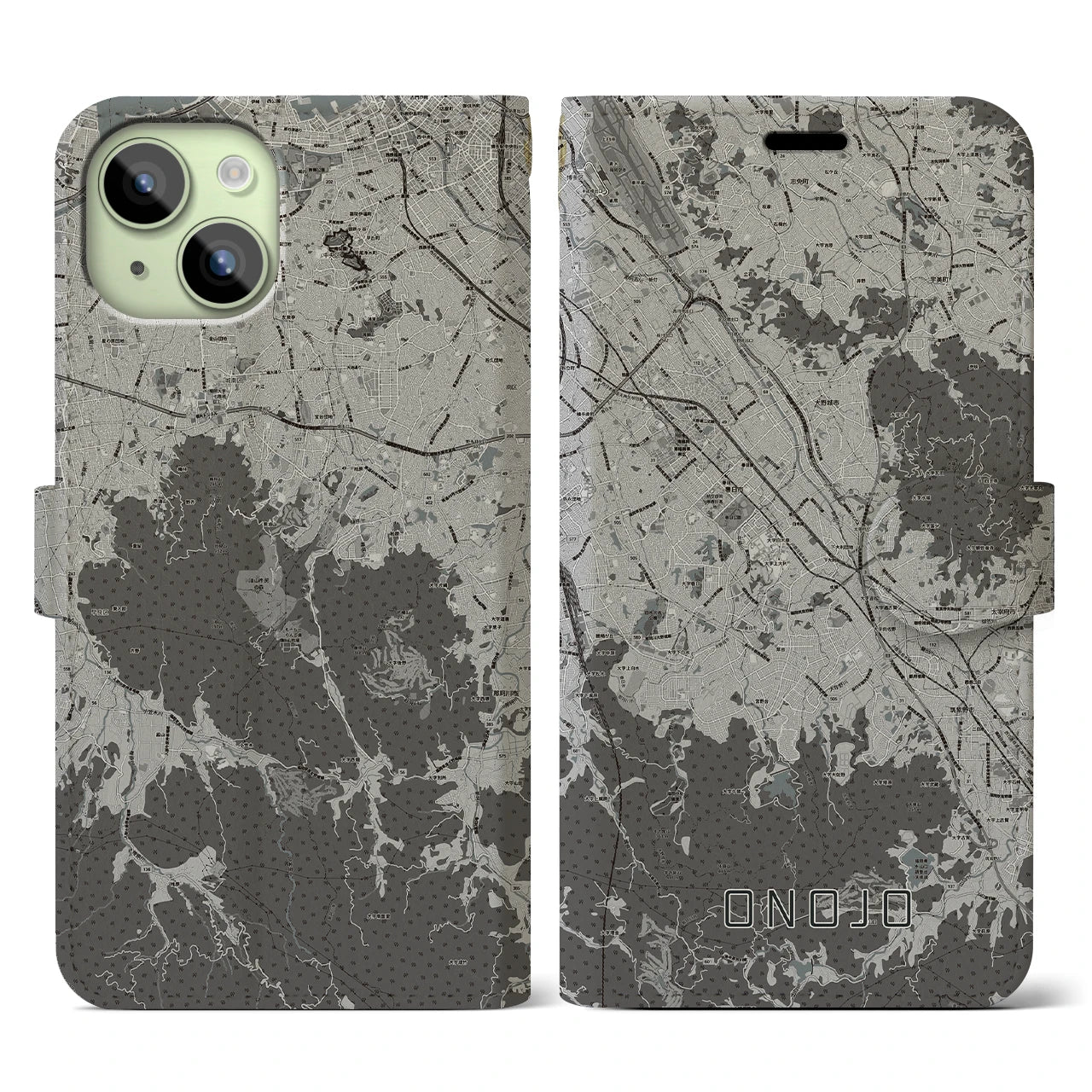 【大野城(福岡県)】地図柄iPhoneケース(手帳タイプ)モノトーン・iPhone 15 用