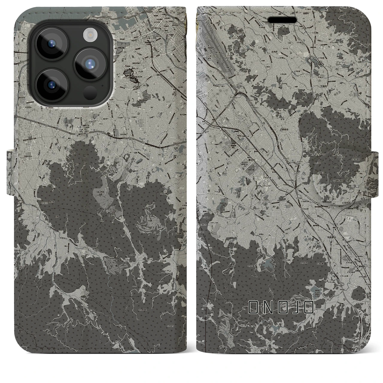 【大野城(福岡県)】地図柄iPhoneケース(手帳タイプ)モノトーン・iPhone 15 Pro Max 用