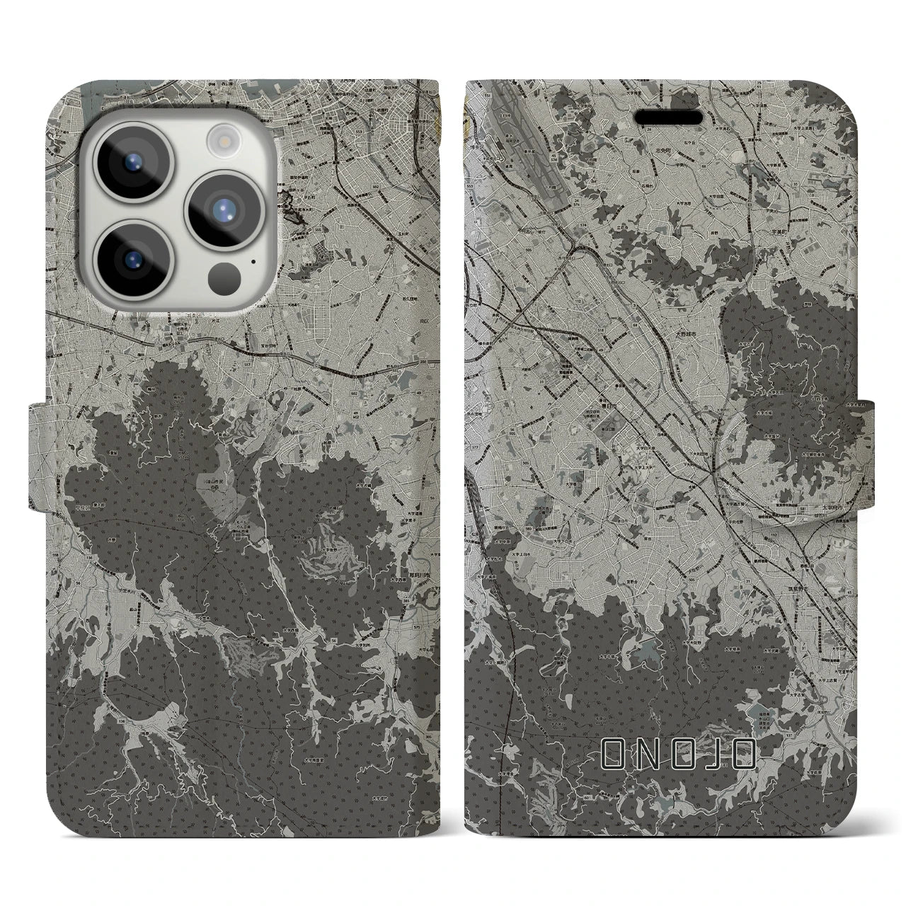 【大野城(福岡県)】地図柄iPhoneケース(手帳タイプ)モノトーン・iPhone 15 Pro 用