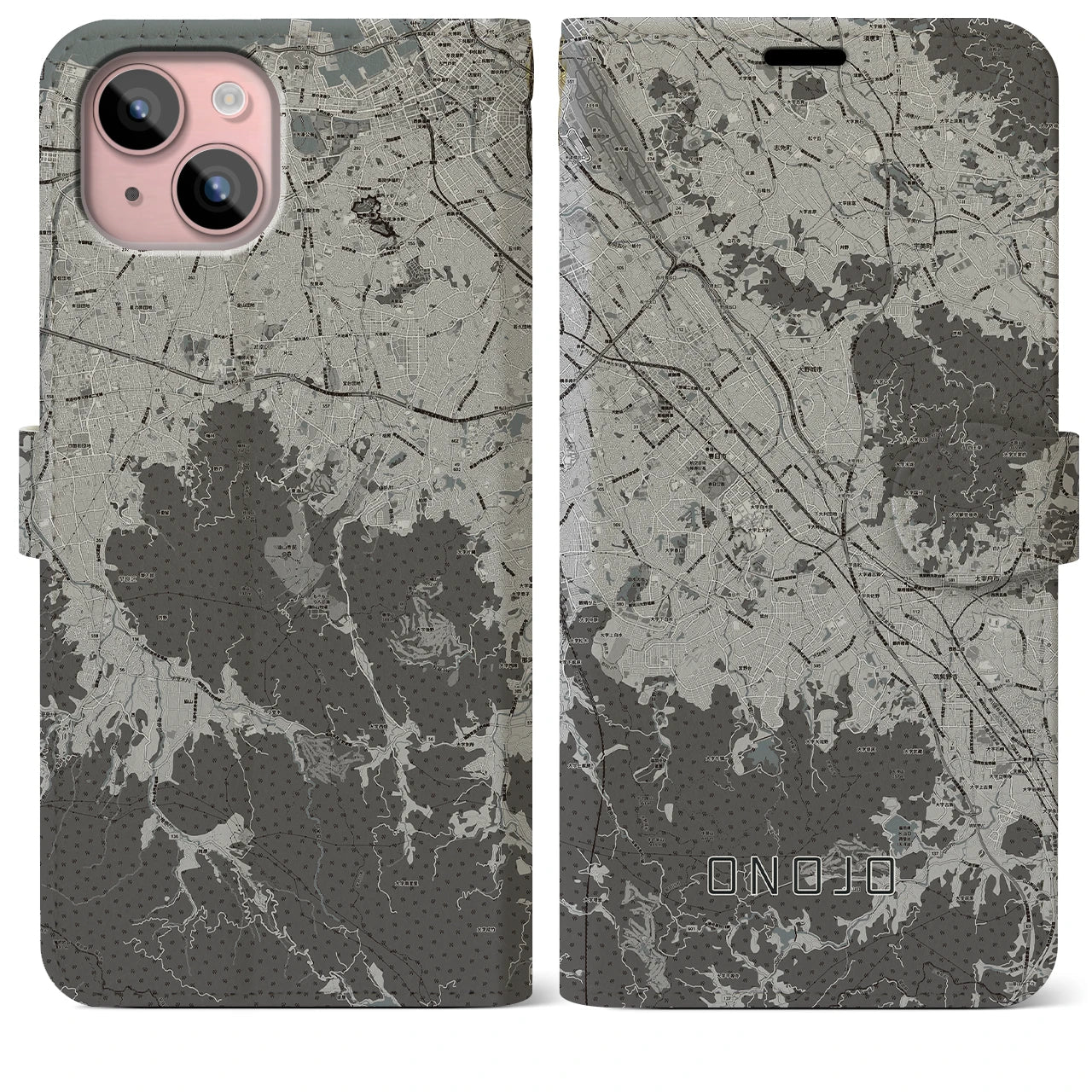 【大野城(福岡県)】地図柄iPhoneケース(手帳タイプ)モノトーン・iPhone 15 Plus 用