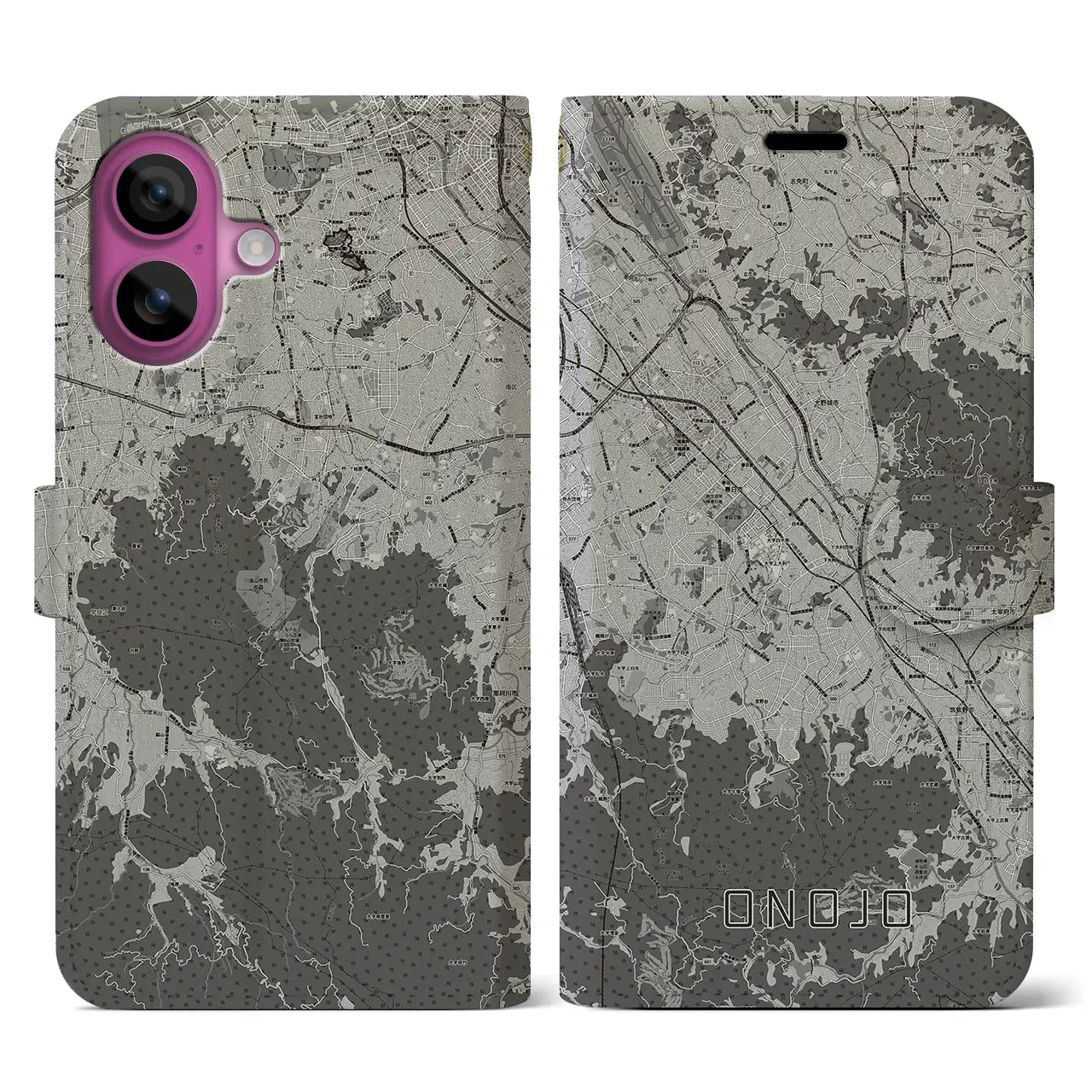 【大野城(福岡県)】地図柄iPhoneケース(手帳タイプ)モノトーン・iPhone 16 Pro 用
