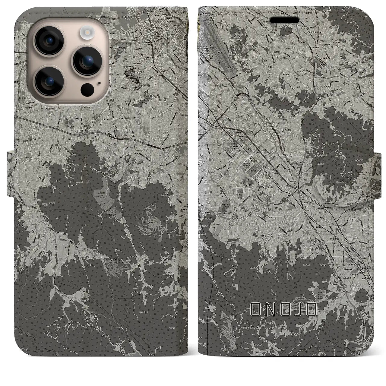 【大野城(福岡県)】地図柄iPhoneケース(手帳タイプ)モノトーン・iPhone 16 Plus 用