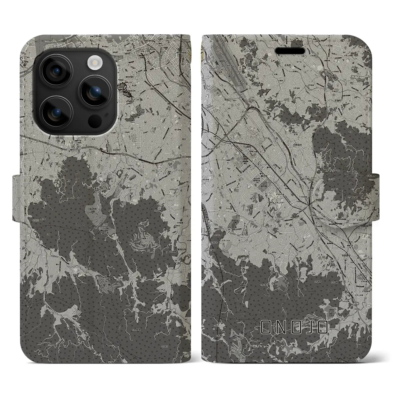 【大野城(福岡県)】地図柄iPhoneケース(手帳タイプ)モノトーン・iPhone 16 用