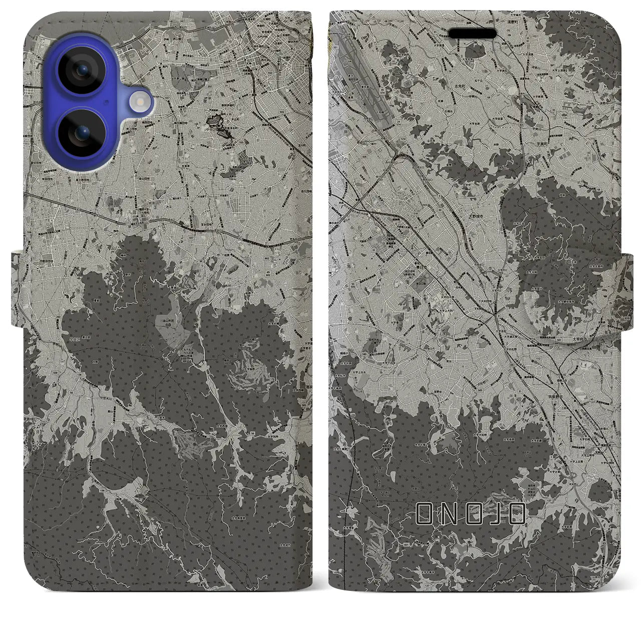 【大野城(福岡県)】地図柄iPhoneケース(手帳タイプ)モノトーン・iPhone 16 Pro Max 用