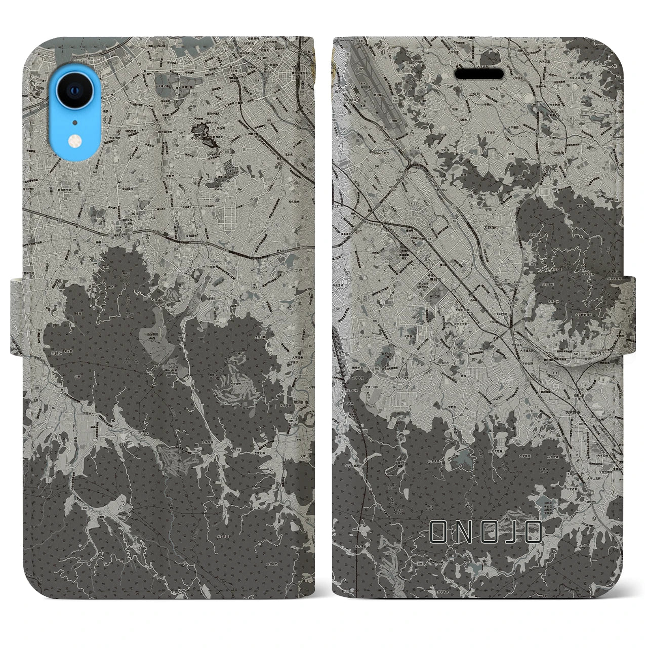 【大野城(福岡県)】地図柄iPhoneケース(手帳タイプ)モノトーン・iPhone XR 用