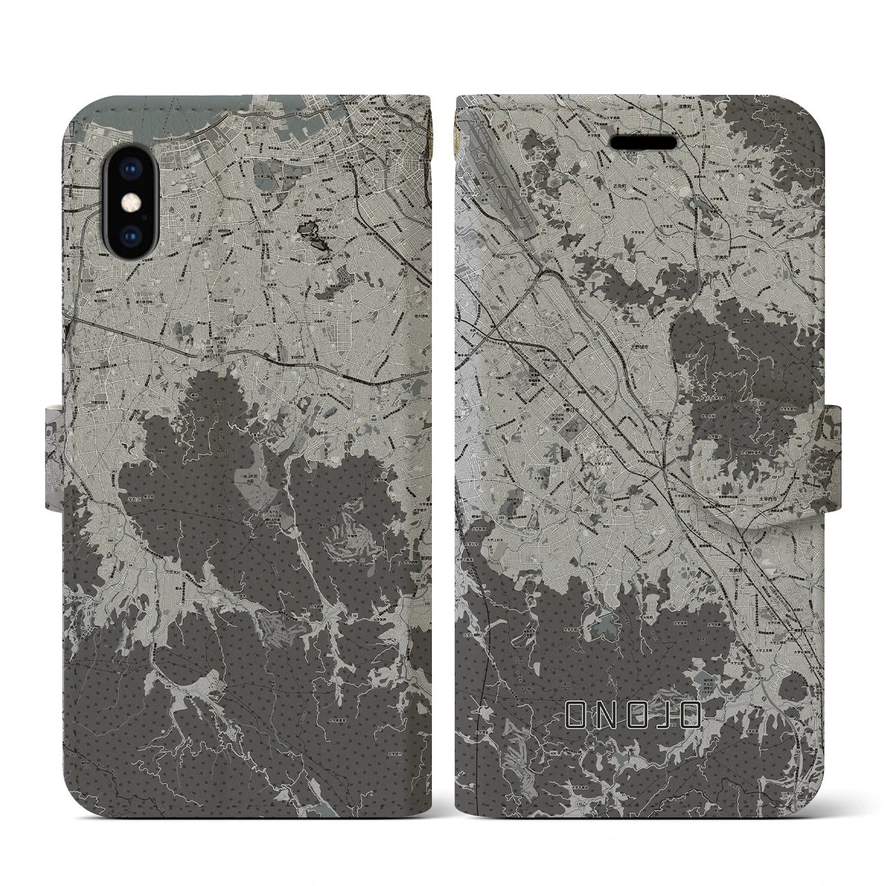 【大野城(福岡県)】地図柄iPhoneケース(手帳タイプ)モノトーン・iPhone XS / X 用