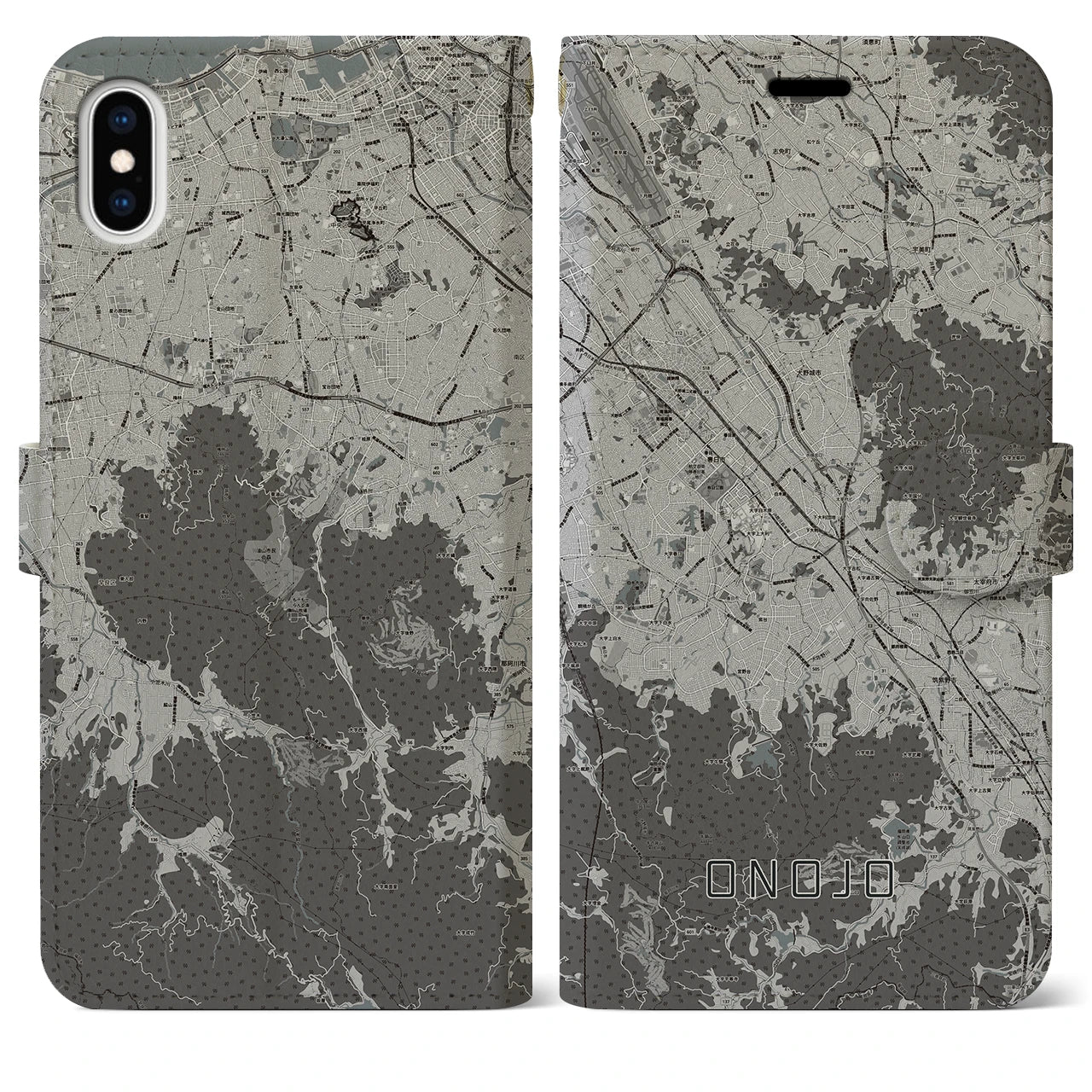【大野城(福岡県)】地図柄iPhoneケース(手帳タイプ)モノトーン・iPhone XS Max 用
