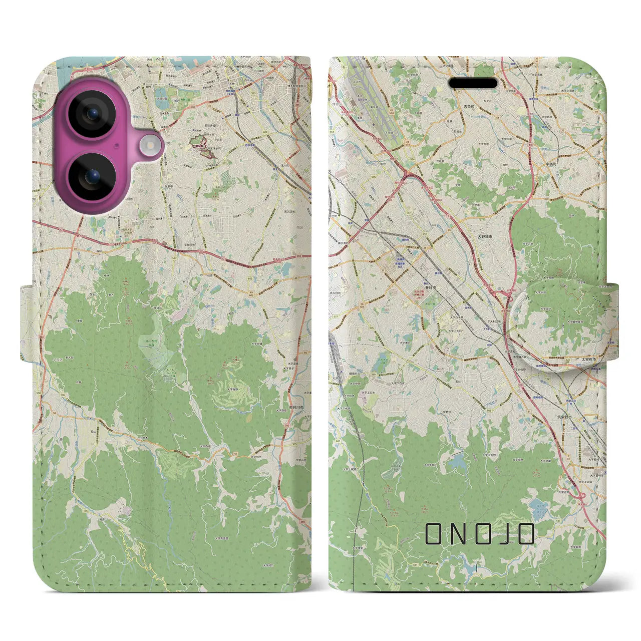 【大野城(福岡県)】地図柄iPhoneケース(手帳タイプ)ナチュラル・iPhone 16 Pro 用