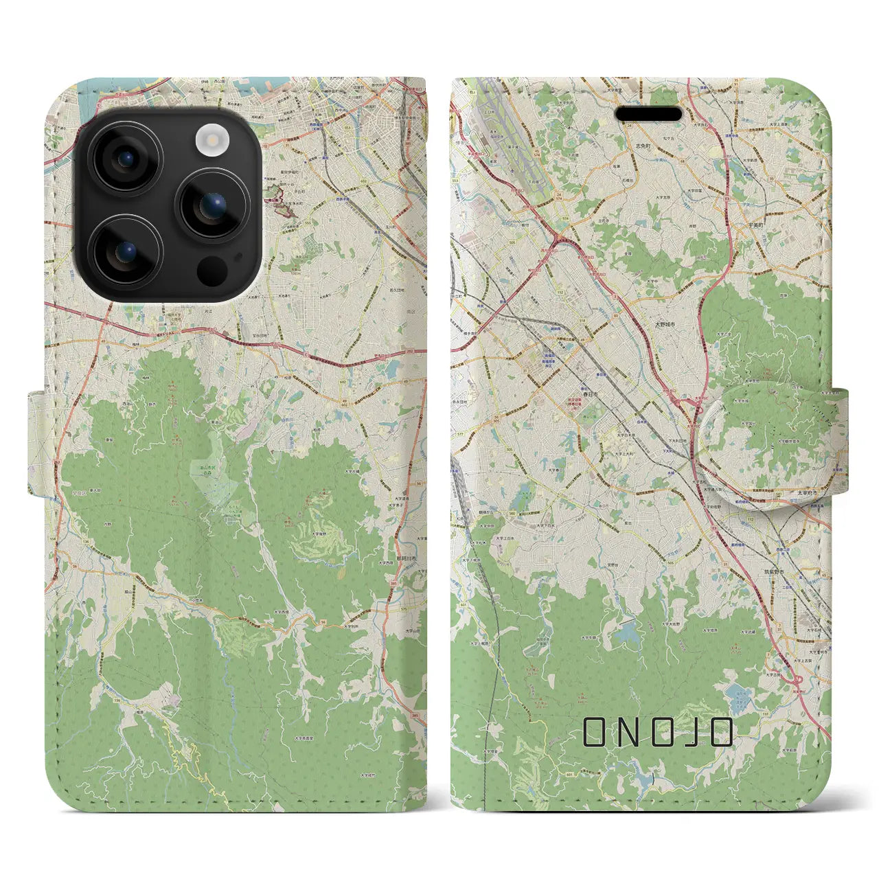 【大野城(福岡県)】地図柄iPhoneケース(手帳タイプ)ナチュラル・iPhone 16 用