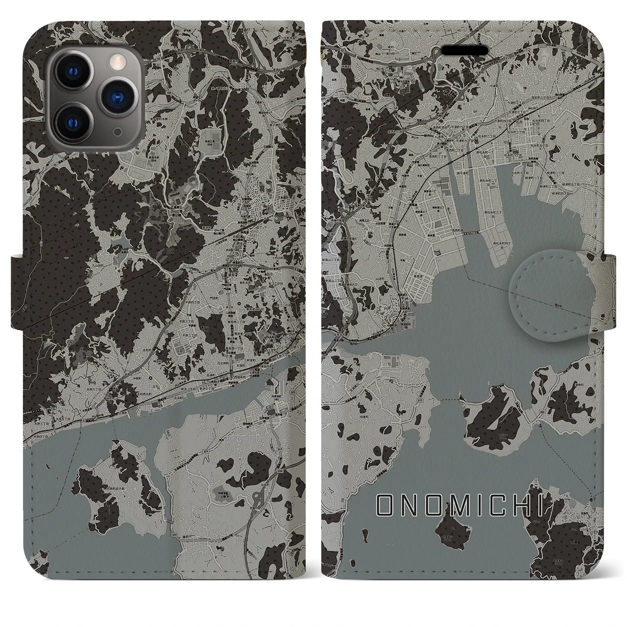 【尾道(広島県)】地図柄iPhoneケース(手帳タイプ)モノトーン・iPhone 11 Pro Max 用