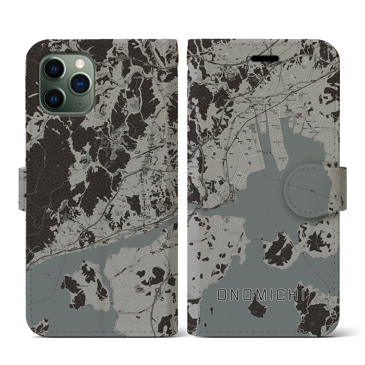 【尾道(広島県)】地図柄iPhoneケース(手帳タイプ)モノトーン・iPhone 11 Pro 用