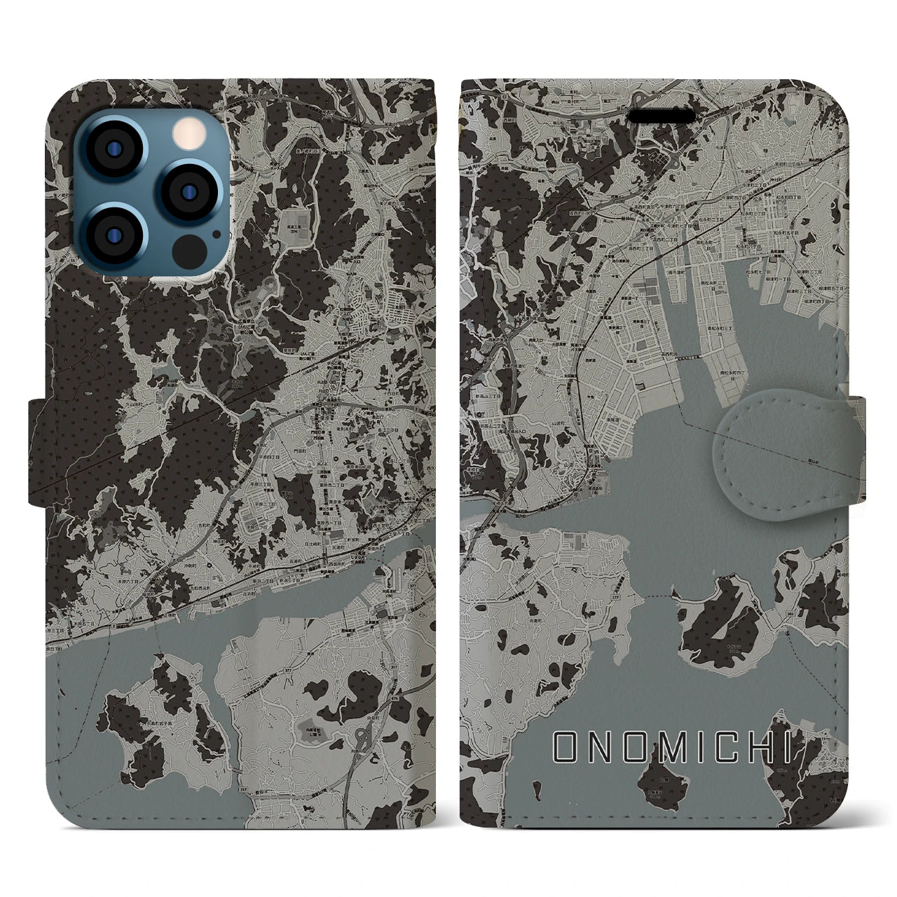 【尾道(広島県)】地図柄iPhoneケース(手帳タイプ)モノトーン・iPhone 12 / 12 Pro 用