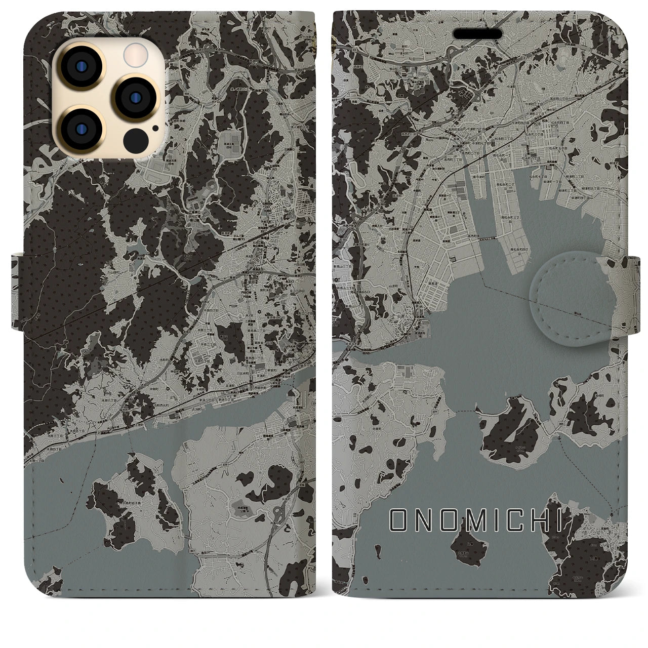 【尾道(広島県)】地図柄iPhoneケース(手帳タイプ)モノトーン・iPhone 12 Pro Max 用