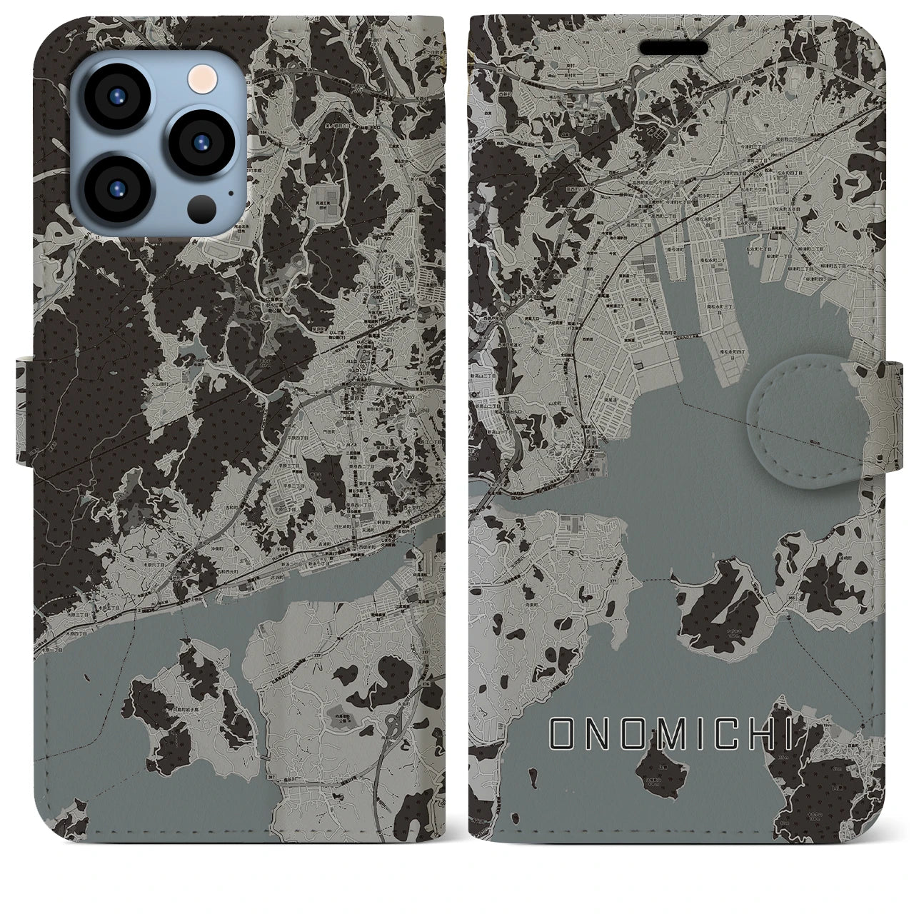 【尾道(広島県)】地図柄iPhoneケース(手帳タイプ)モノトーン・iPhone 13 Pro Max 用
