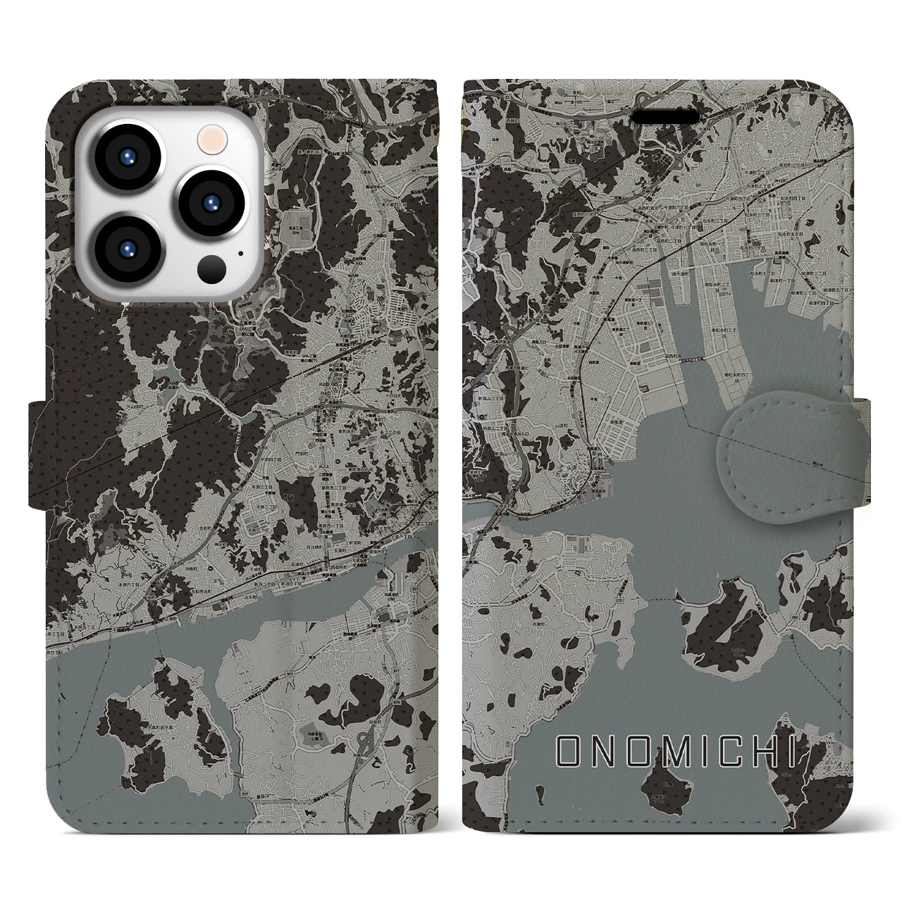 【尾道(広島県)】地図柄iPhoneケース(手帳タイプ)モノトーン・iPhone 13 Pro 用