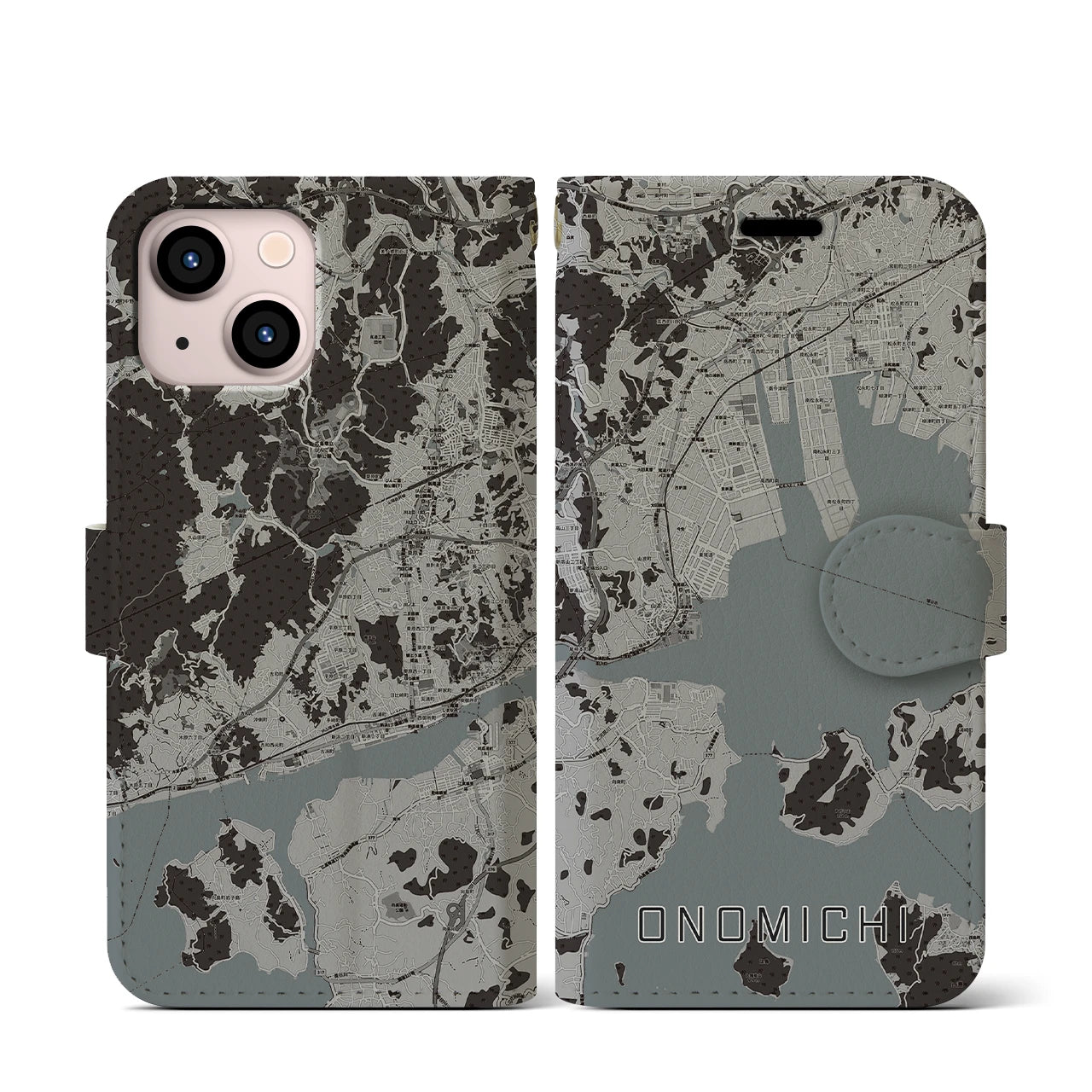 【尾道(広島県)】地図柄iPhoneケース(手帳タイプ)モノトーン・iPhone 13 mini 用