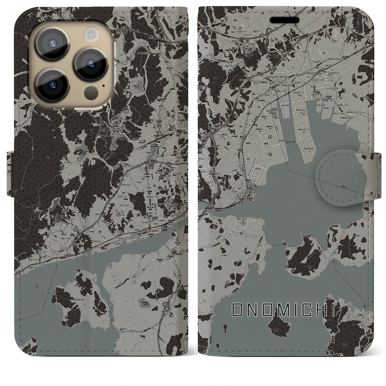 【尾道(広島県)】地図柄iPhoneケース(手帳タイプ)モノトーン・iPhone 14 Pro Max 用