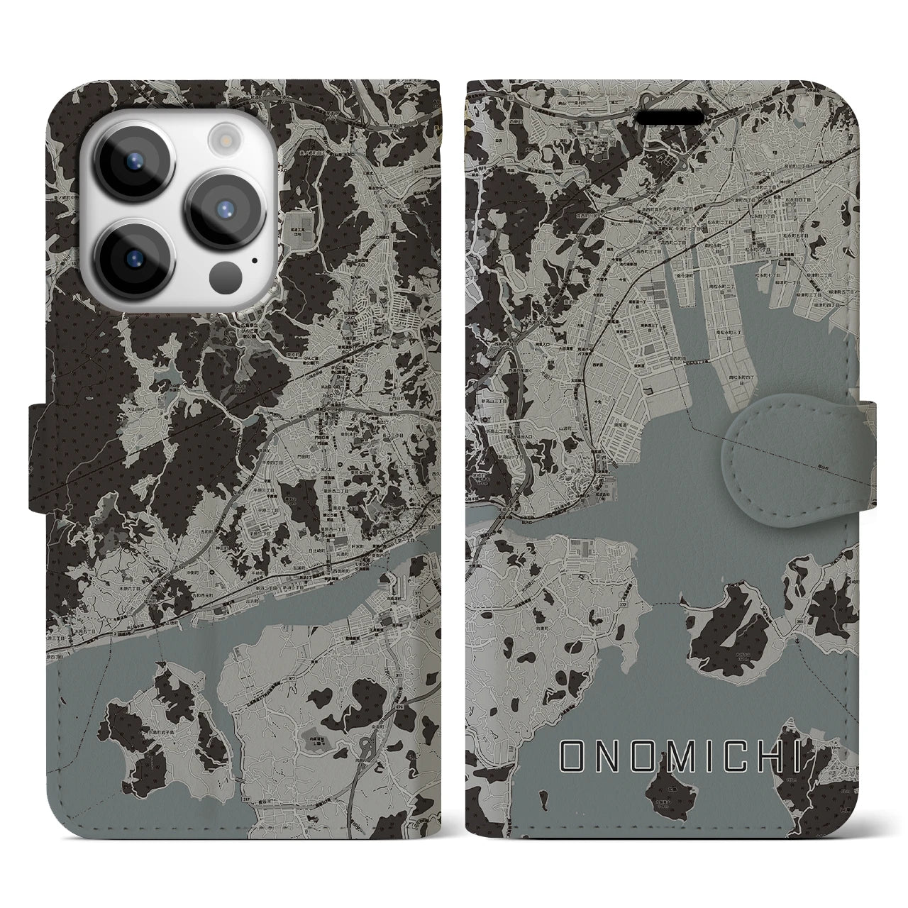 【尾道(広島県)】地図柄iPhoneケース(手帳タイプ)モノトーン・iPhone 14 Pro 用
