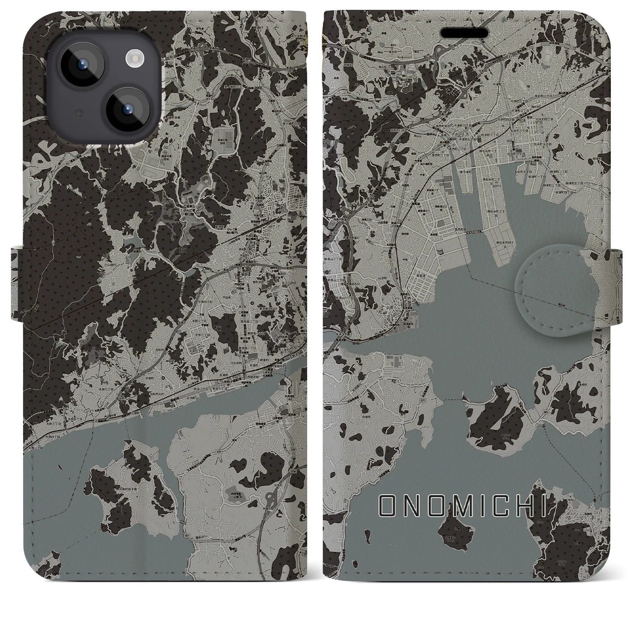 【尾道(広島県)】地図柄iPhoneケース(手帳タイプ)モノトーン・iPhone 14 Plus 用