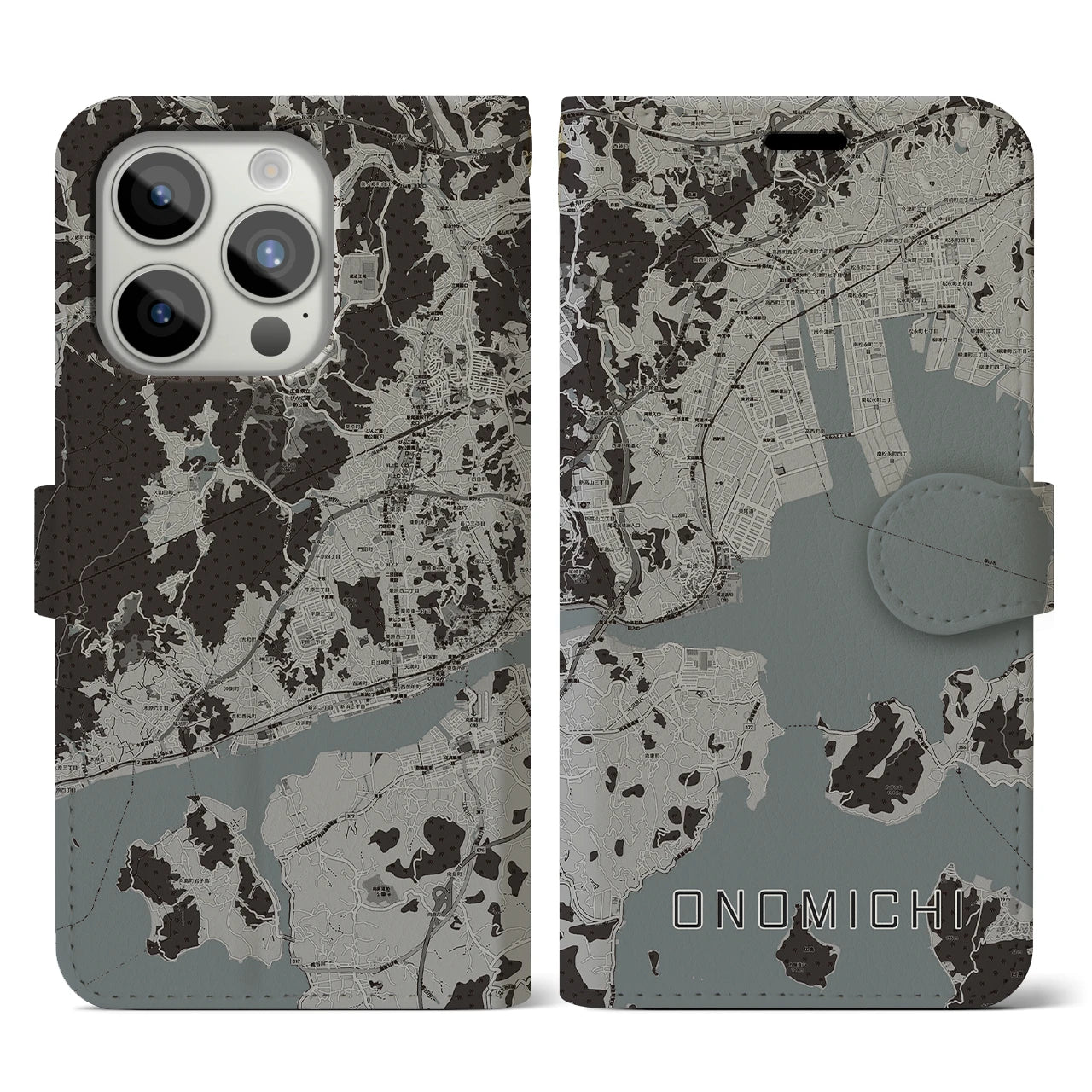 【尾道(広島県)】地図柄iPhoneケース(手帳タイプ)モノトーン・iPhone 15 Pro 用