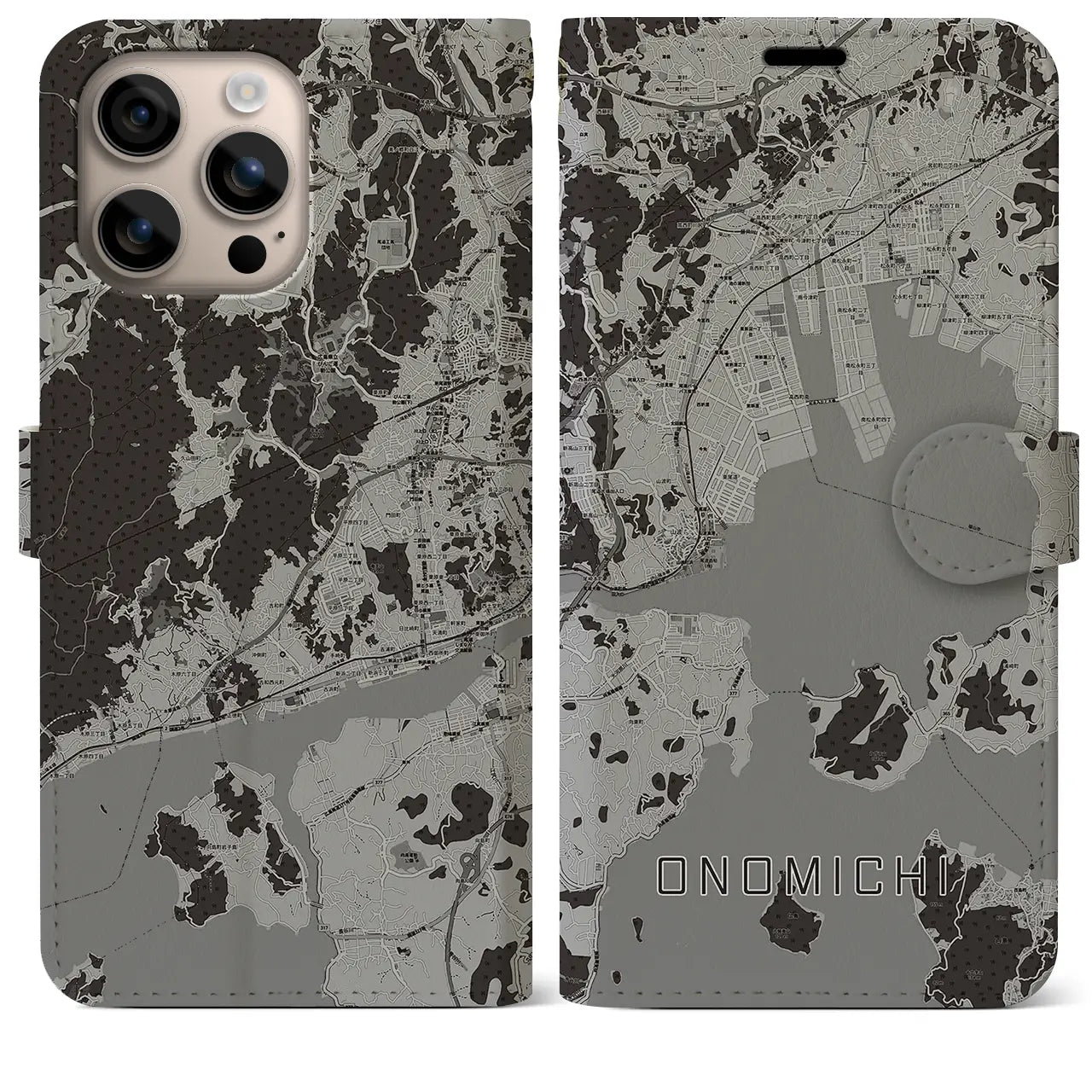 【尾道(広島県)】地図柄iPhoneケース(手帳タイプ)モノトーン・iPhone 16 Plus 用