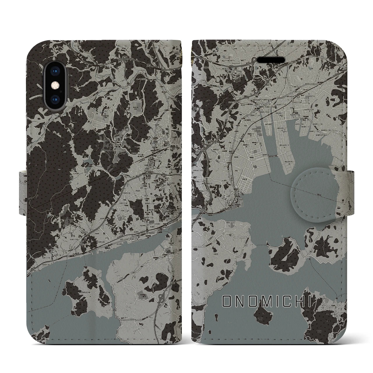 【尾道(広島県)】地図柄iPhoneケース(手帳タイプ)モノトーン・iPhone XS / X 用