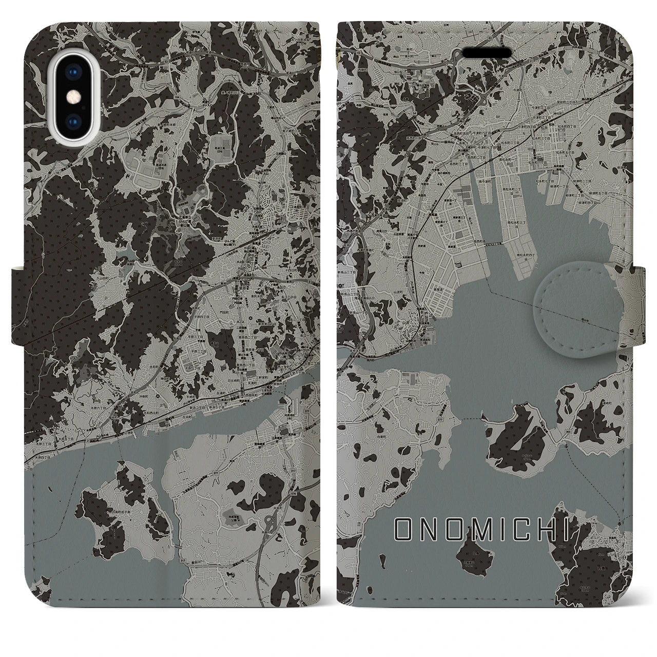 【尾道(広島県)】地図柄iPhoneケース(手帳タイプ)モノトーン・iPhone XS Max 用