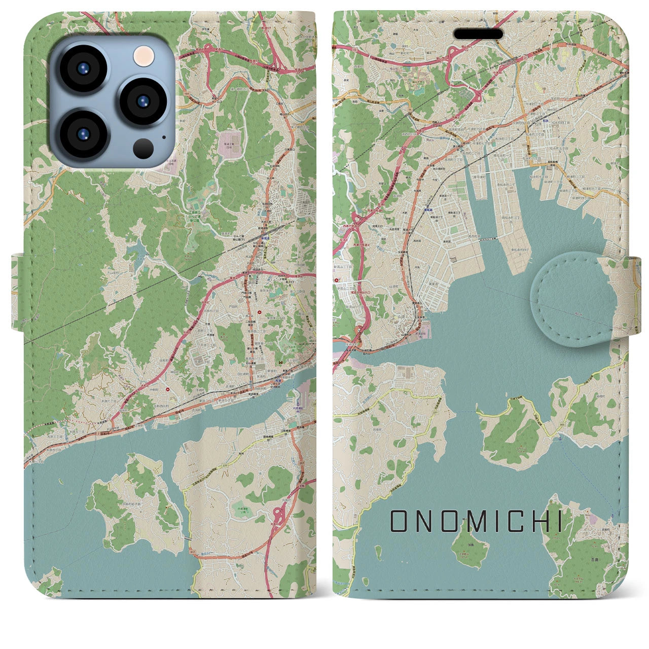 【尾道(広島県)】地図柄iPhoneケース(手帳タイプ)ナチュラル・iPhone 13 Pro Max 用