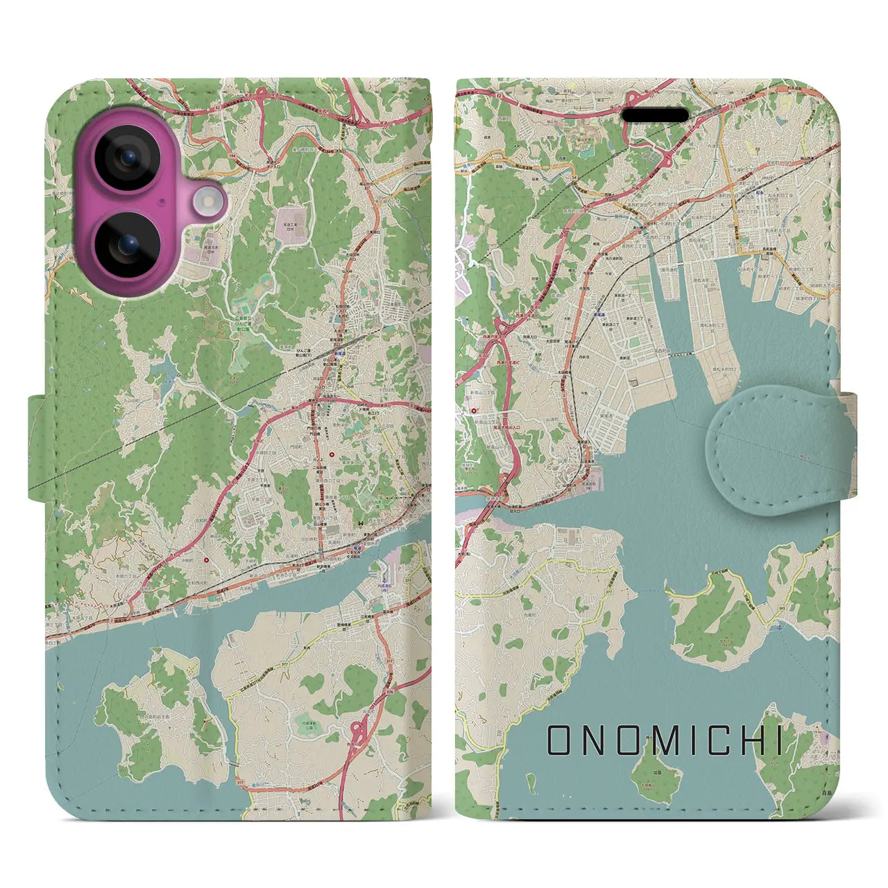 【尾道(広島県)】地図柄iPhoneケース(手帳タイプ)ナチュラル・iPhone 16 Pro 用