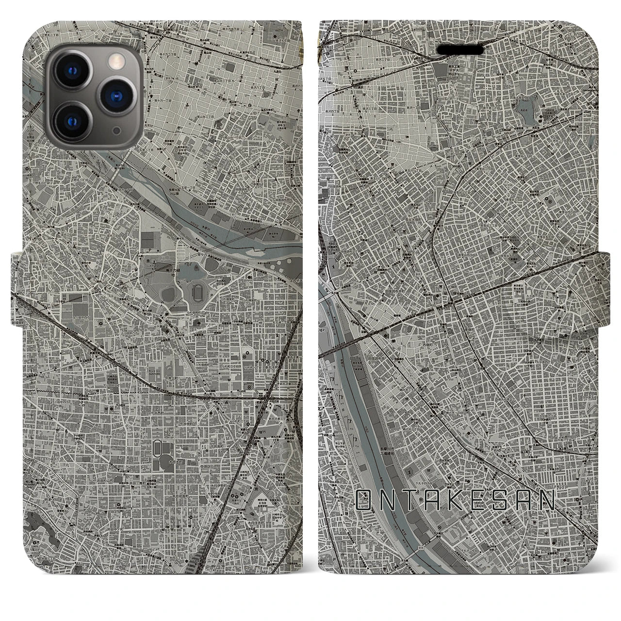 【御嶽山(東京都)】地図柄iPhoneケース(手帳タイプ)モノトーン・iPhone 11 Pro Max 用