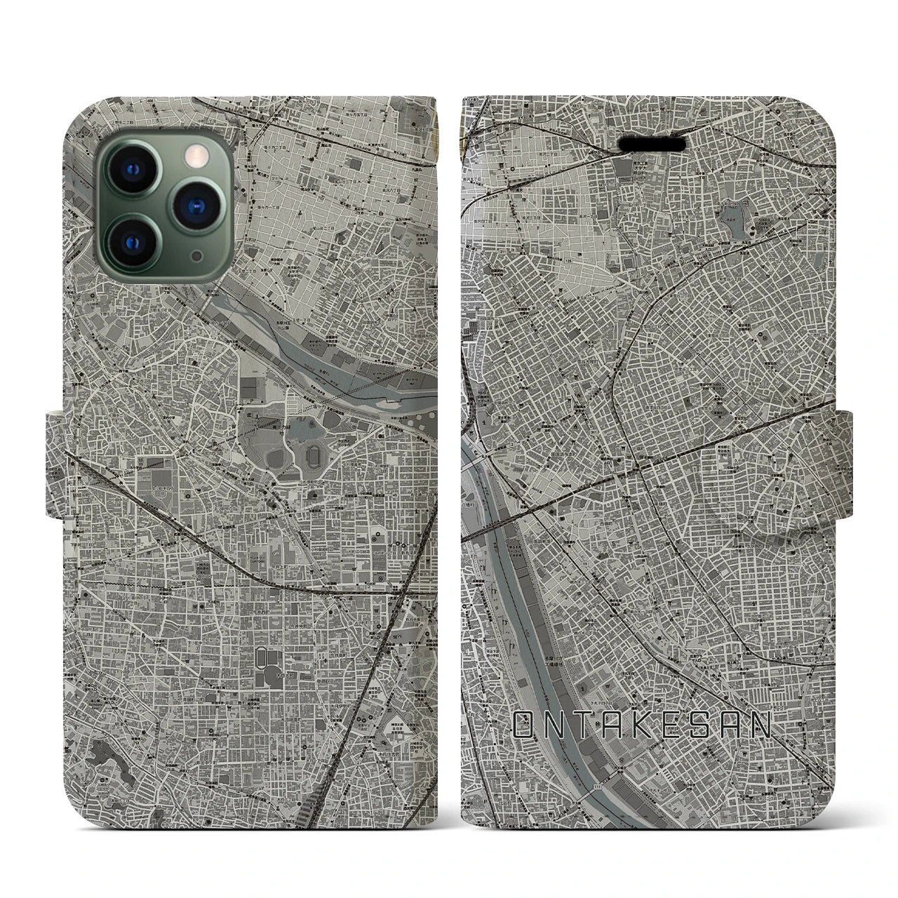 【御嶽山(東京都)】地図柄iPhoneケース(手帳タイプ)モノトーン・iPhone 11 Pro 用