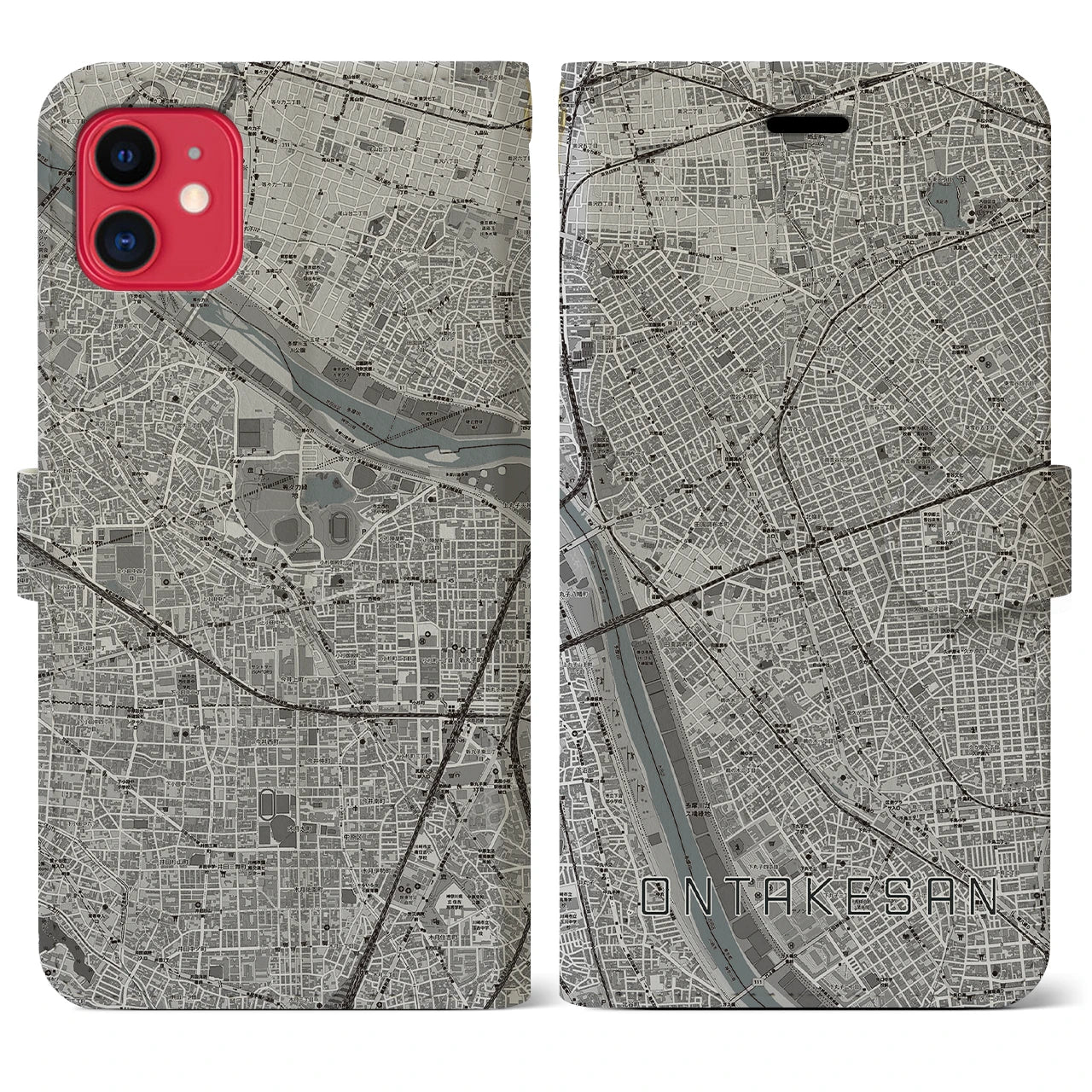 【御嶽山(東京都)】地図柄iPhoneケース(手帳タイプ)モノトーン・iPhone 11 用
