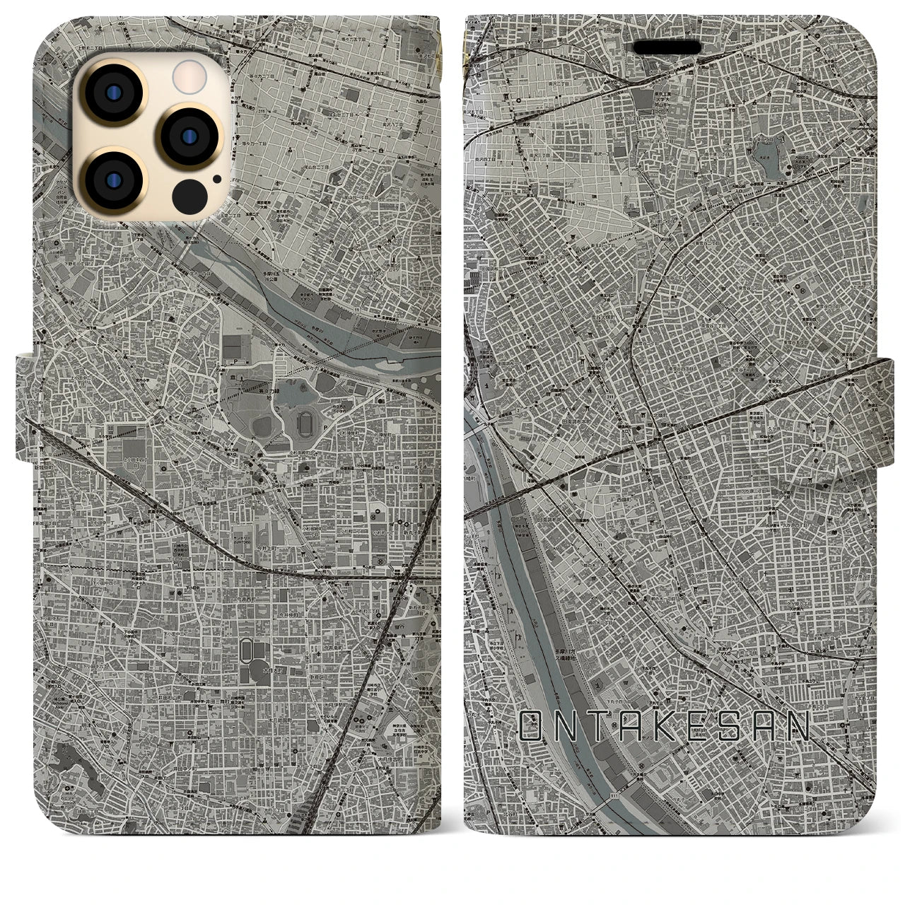 【御嶽山(東京都)】地図柄iPhoneケース(手帳タイプ)モノトーン・iPhone 12 Pro Max 用