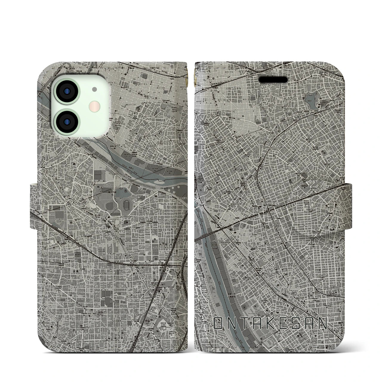 【御嶽山(東京都)】地図柄iPhoneケース(手帳タイプ)モノトーン・iPhone 12 mini 用