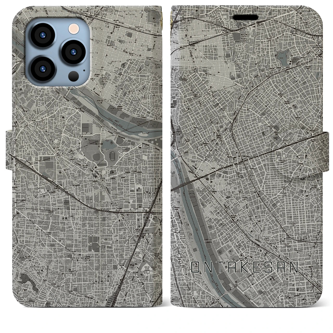 【御嶽山(東京都)】地図柄iPhoneケース(手帳タイプ)モノトーン・iPhone 13 Pro Max 用