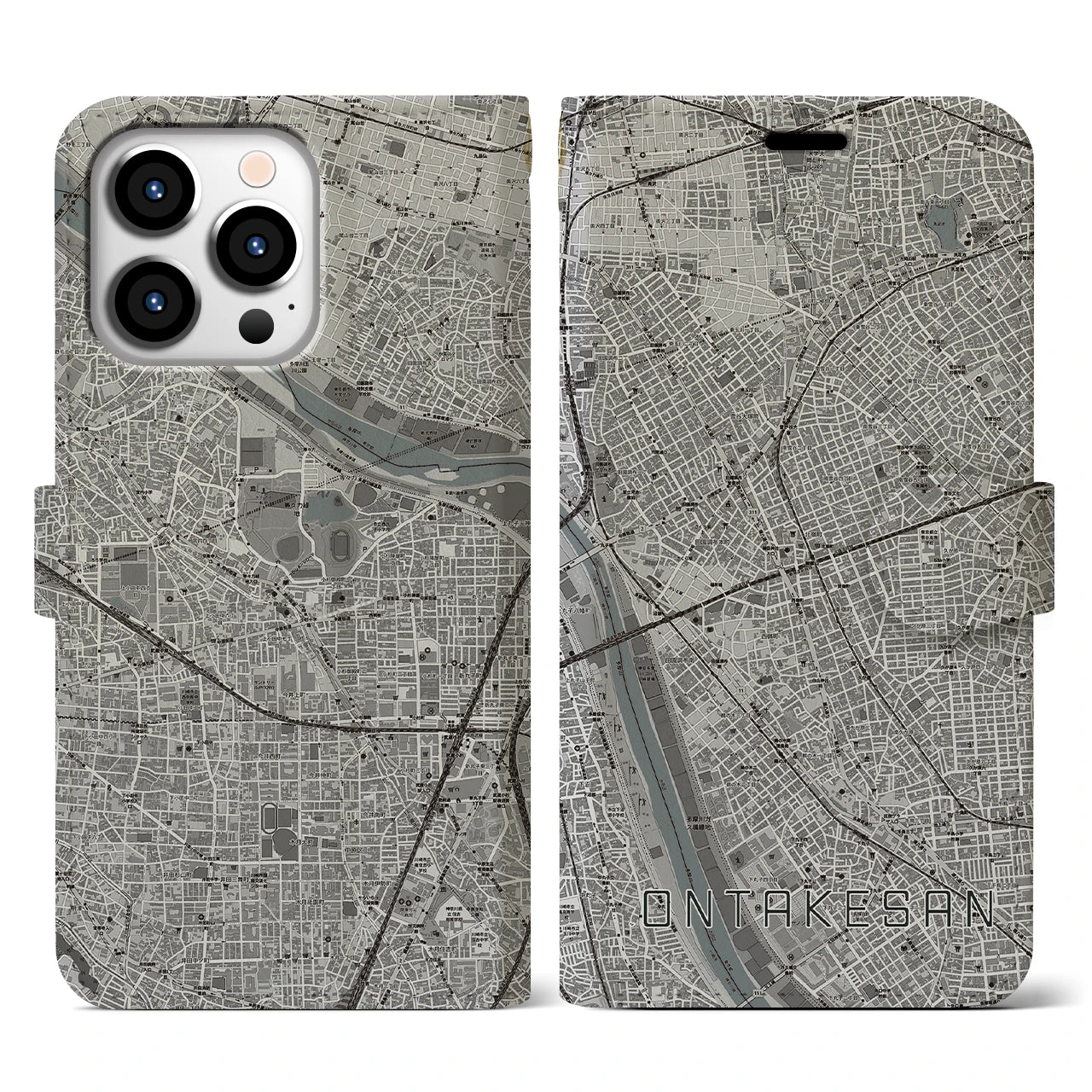 【御嶽山(東京都)】地図柄iPhoneケース(手帳タイプ)モノトーン・iPhone 13 Pro 用