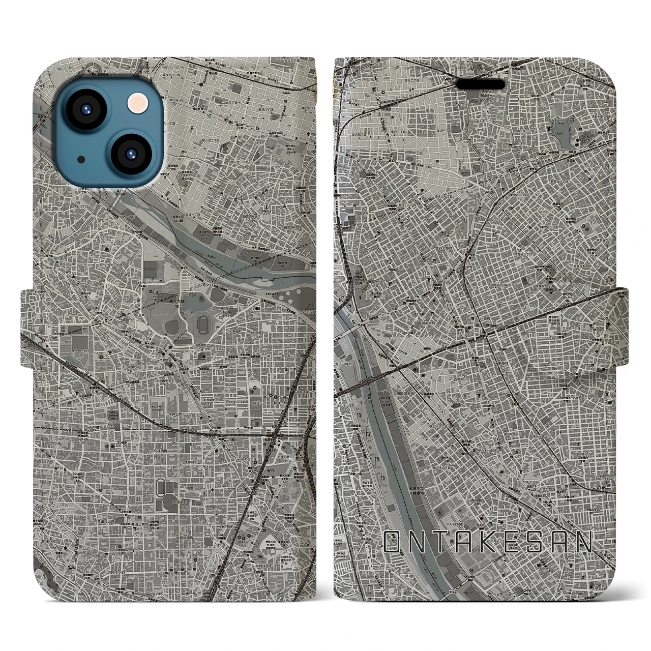 【御嶽山(東京都)】地図柄iPhoneケース(手帳タイプ)モノトーン・iPhone 13 用