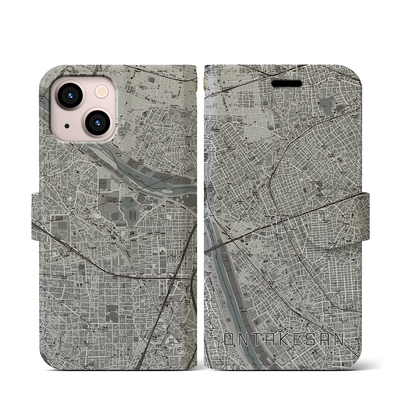 【御嶽山(東京都)】地図柄iPhoneケース(手帳タイプ)モノトーン・iPhone 13 mini 用