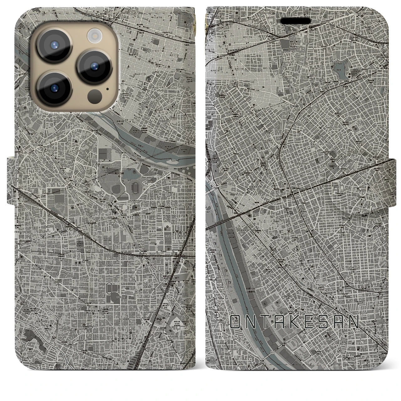 【御嶽山(東京都)】地図柄iPhoneケース(手帳タイプ)モノトーン・iPhone 14 Pro Max 用