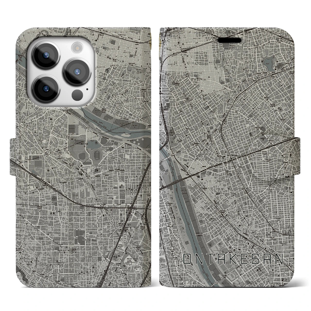 【御嶽山(東京都)】地図柄iPhoneケース(手帳タイプ)モノトーン・iPhone 14 Pro 用